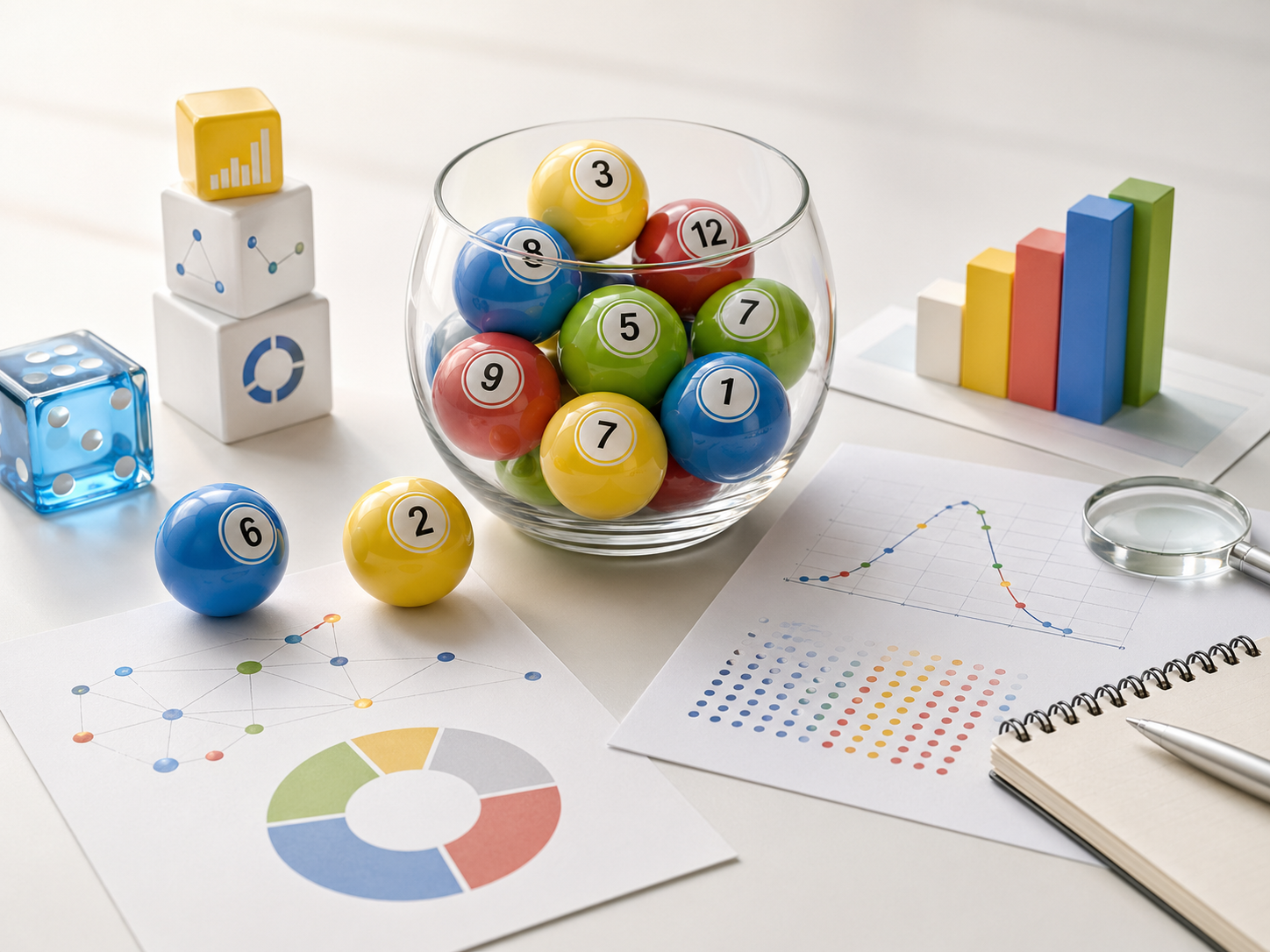 로또 번호 공과 확률 자료가 놓인 장식 이미지